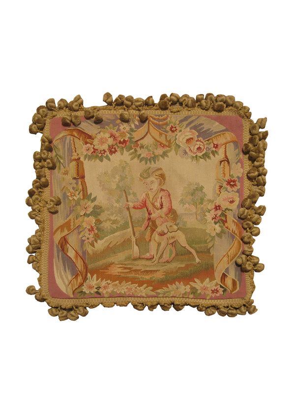 A21477 Oriental Rug Chinese Handmade Pillow Traditional 1'6'' x 1'6'' -2x2- Whites Beige Pink Tapestry Pictorial Design
