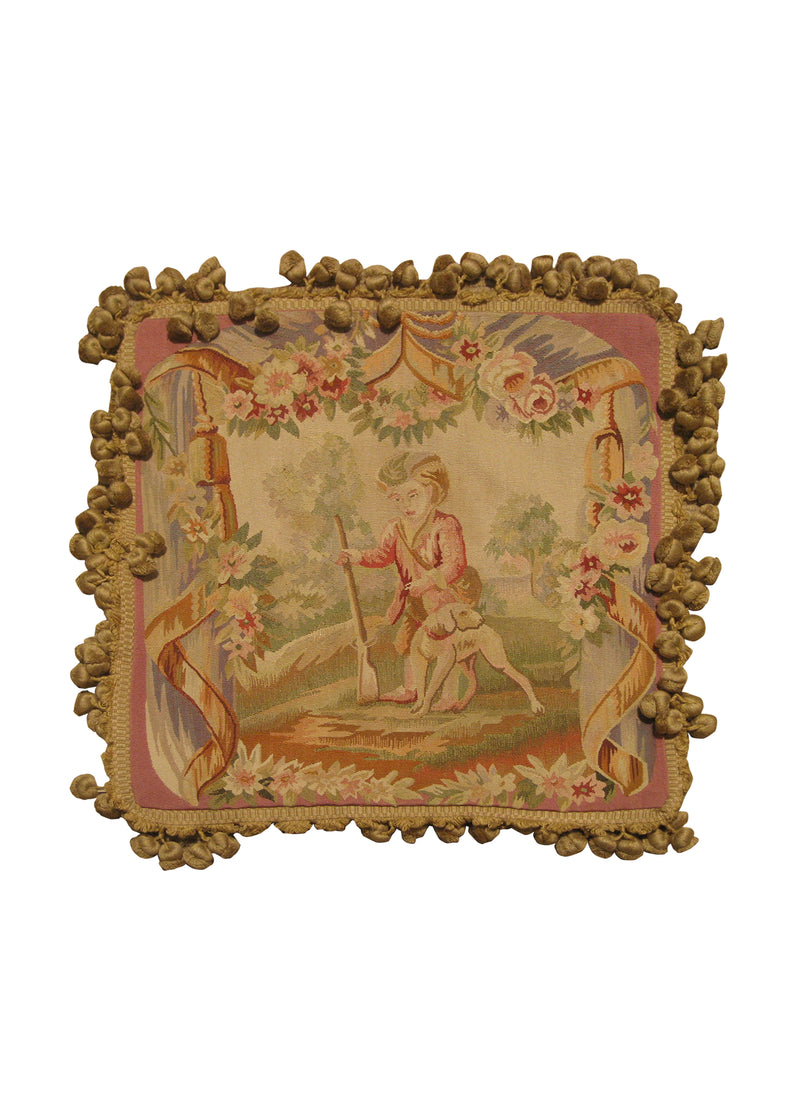 A21477 Oriental Rug Chinese Handmade Pillow Traditional 1'6'' x 1'6'' -2x2- Whites Beige Pink Tapestry Pictorial Design