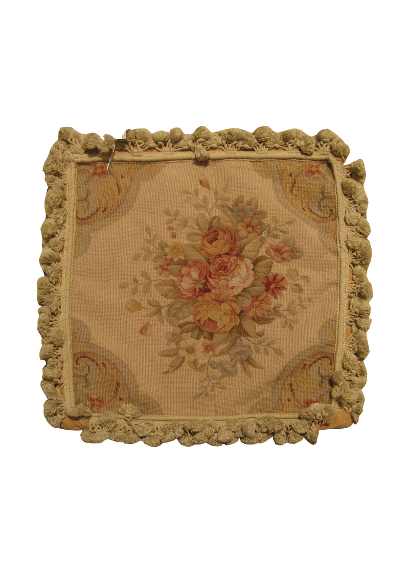A21478 Oriental Rug Chinese Handmade Pillow Traditional 1'6'' x 1'6'' -2x2- Whites Beige Green Tapestry Floral Design