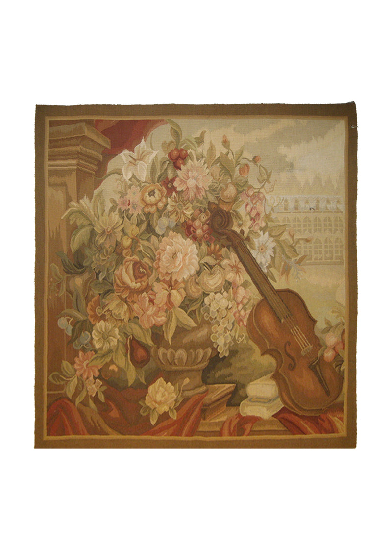 A21499 Oriental Rug Chinese Handmade Square Traditional 3'0'' x 3'0'' -3x3- Multi-color Brown Red Tapestry Floral Design