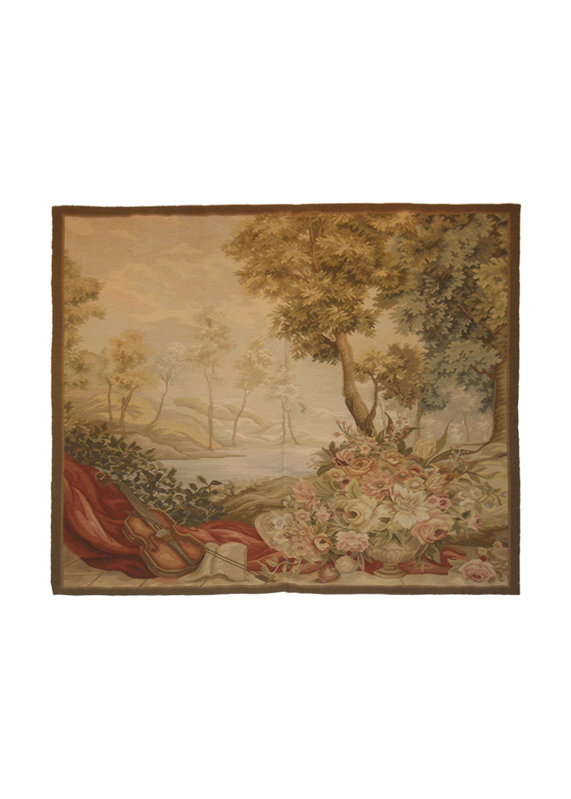 A21501 Oriental Rug Chinese Handmade Square Traditional 4'0'' x 4'0'' -4x4- Whites Beige Brown Yellow Gold Tapestry Landscape Design