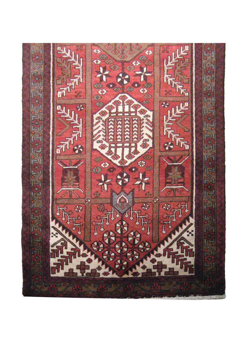 A21543 Persian Rug Hamadan Handmade Runner Tribal 3'8'' x 9'8'' -4x10- Red Whites Beige Geometric Design