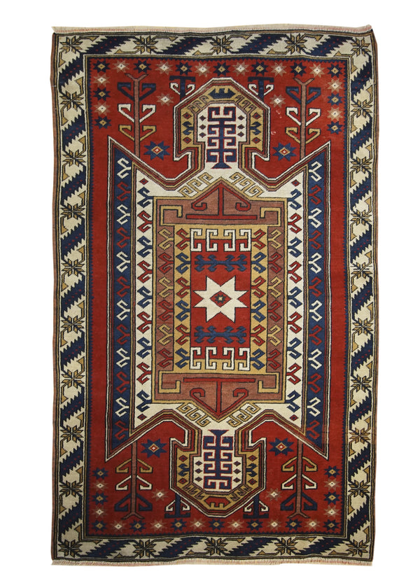 A21774 Oriental Rug Turkish Handmade Area Tribal 3'6'' x 6'0'' -4x6- Red Whites Beige Blue Geometric Design