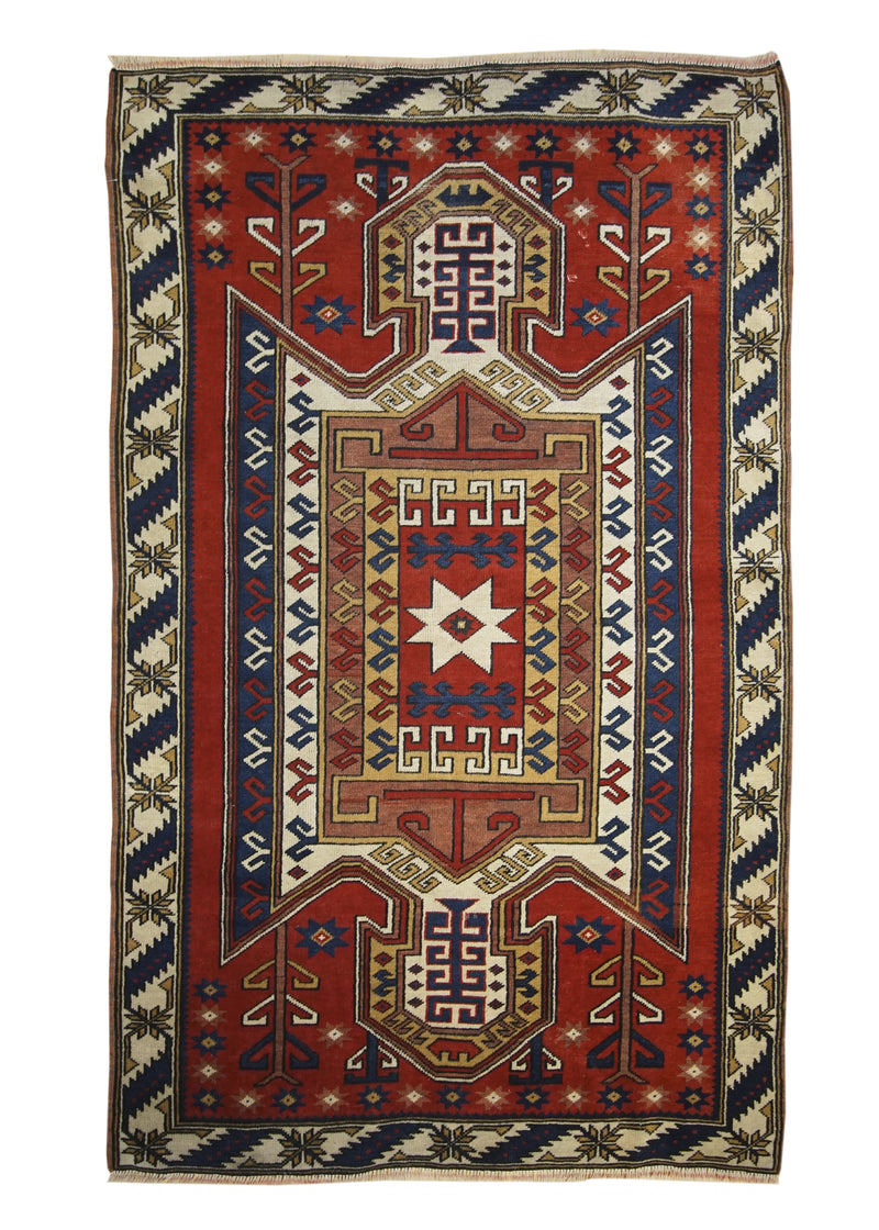 A21774 Oriental Rug Turkish Handmade Area Tribal 3'6'' x 6'0'' -4x6- Red Whites Beige Blue Geometric Design