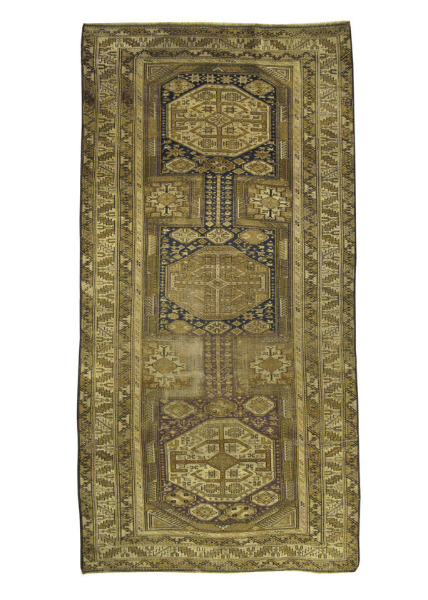 A21780 Caucasian Rug Shirvan Handmade Area Tribal Antique 3'10'' x 7'4'' -4x7- Whites Beige Yellow Gold Blue Geometric Design