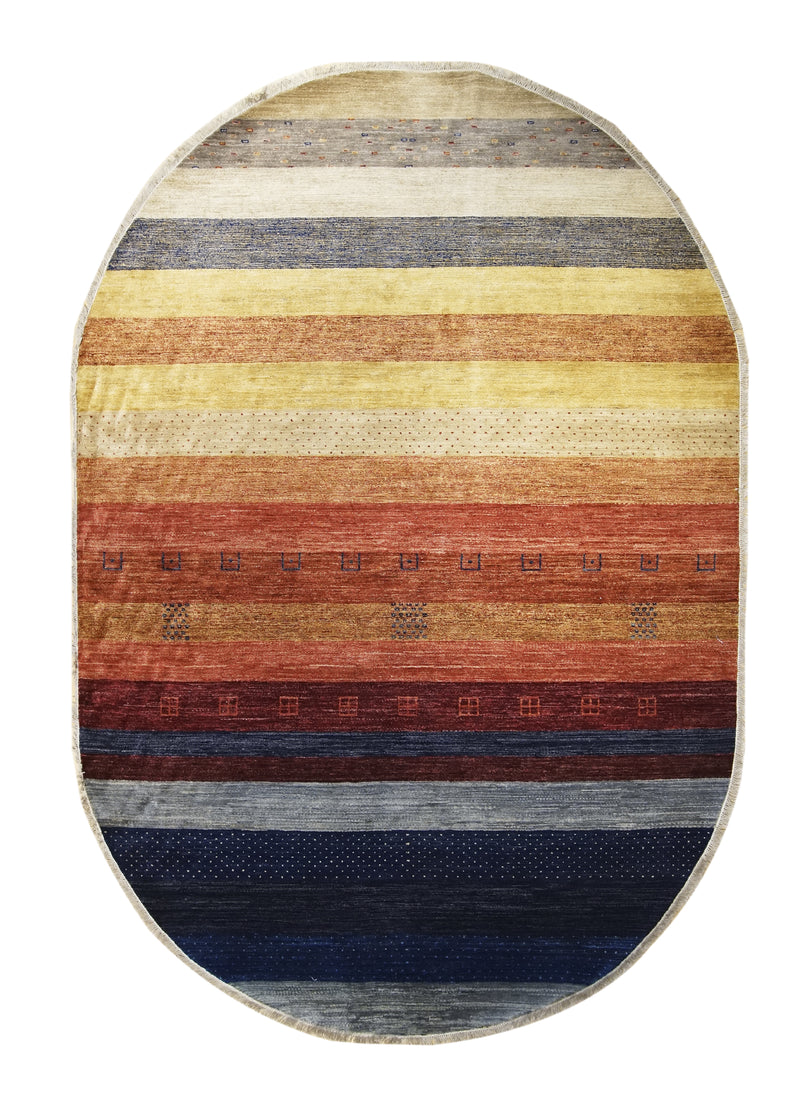 A21808 Oriental Rug Pakistani Handmade Round Transitional 6'7'' x 9'7'' -7x10- Multi-color Red Blue Oval Gabbeh Stripes Design