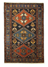 A21893 Persian Rug Hamadan Handmade Area Tribal 4'3'' x 6'4'' -4x6- Blue Red Geometric Design