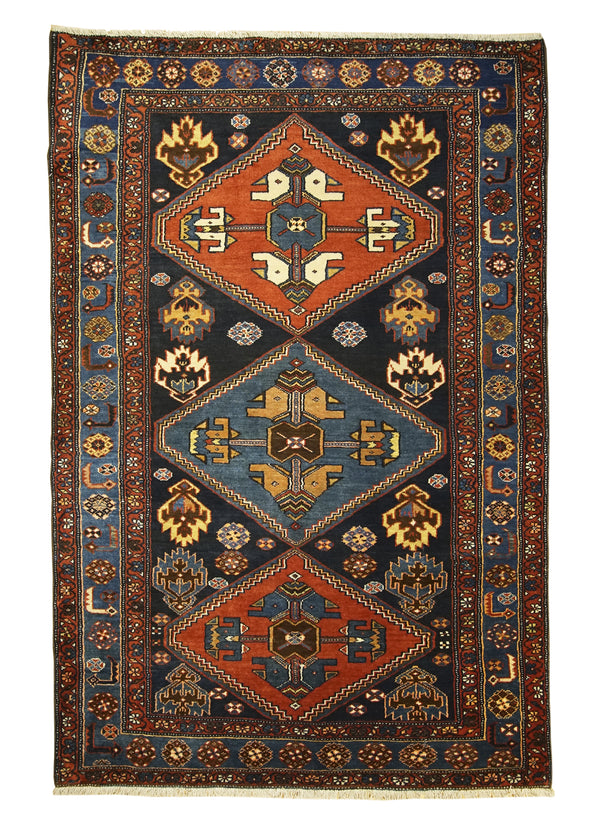 A21893 Persian Rug Hamadan Handmade Area Tribal 4'3'' x 6'4'' -4x6- Blue Red Geometric Design