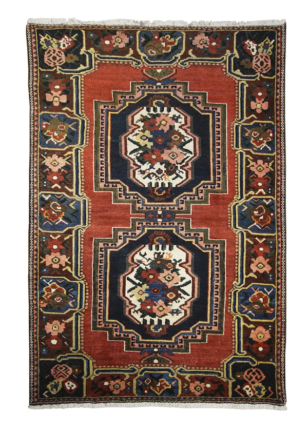 A21895 Persian Rug Bakhtiari Handmade Area Tribal Antique 4'6'' x 6'2'' -5x6- Red Blue Geometric Design