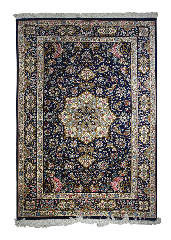 A21914 Persian Rug Qum Handmade Area Traditional 4'4'' x 6'2'' -4x6- Blue Pink Floral Design