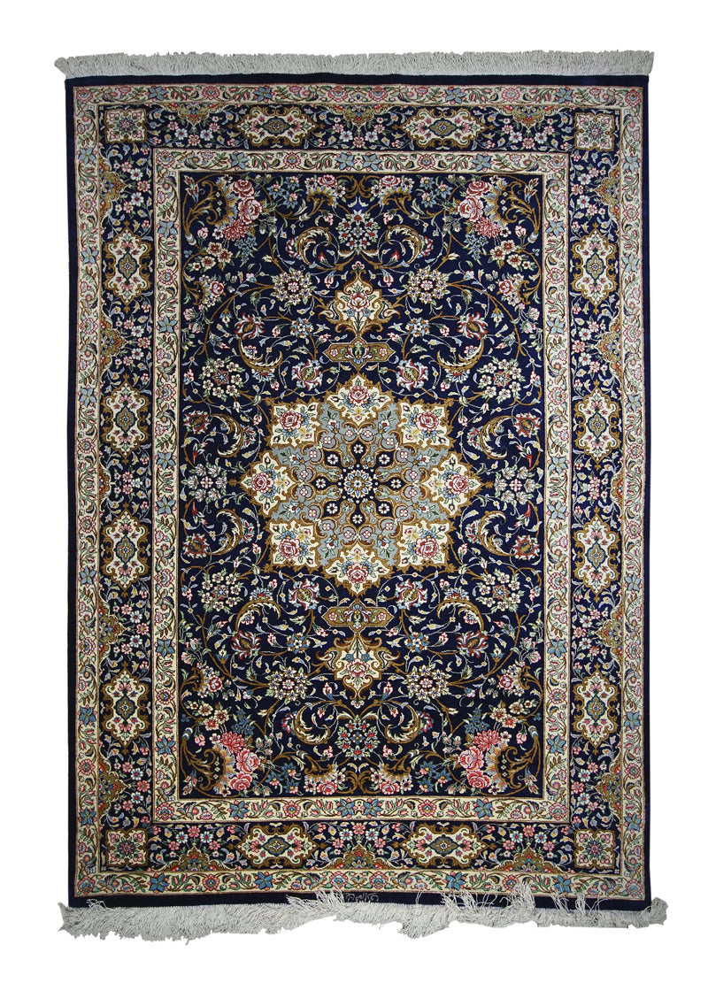 A21914 Persian Rug Qum Handmade Area Traditional 4'4'' x 6'2'' -4x6- Blue Pink Floral Design
