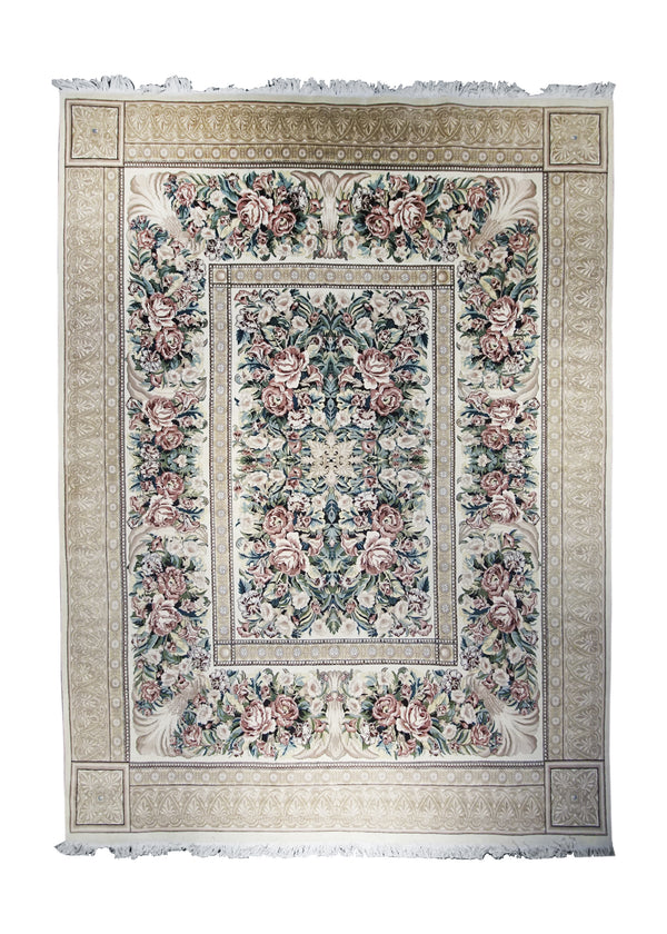 A21922 Oriental Rug Chinese Handmade Area Traditional 8'12'' x 12'3'' -9x12- Whites Beige Green Pink Floral Design