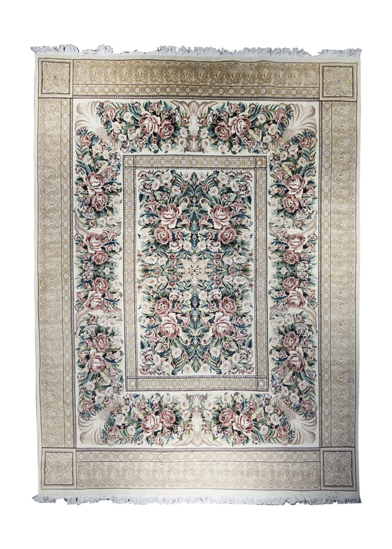A21922 Oriental Rug Chinese Handmade Area Traditional 8'12'' x 12'3'' -9x12- Whites Beige Green Pink Floral Design