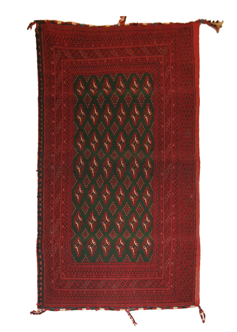 A22073 Persian Rug Turkmen Handmade Pillow Tribal 2'4'' x 4'7'' -2x5- Green Red Elephant Foot Bokhara Design