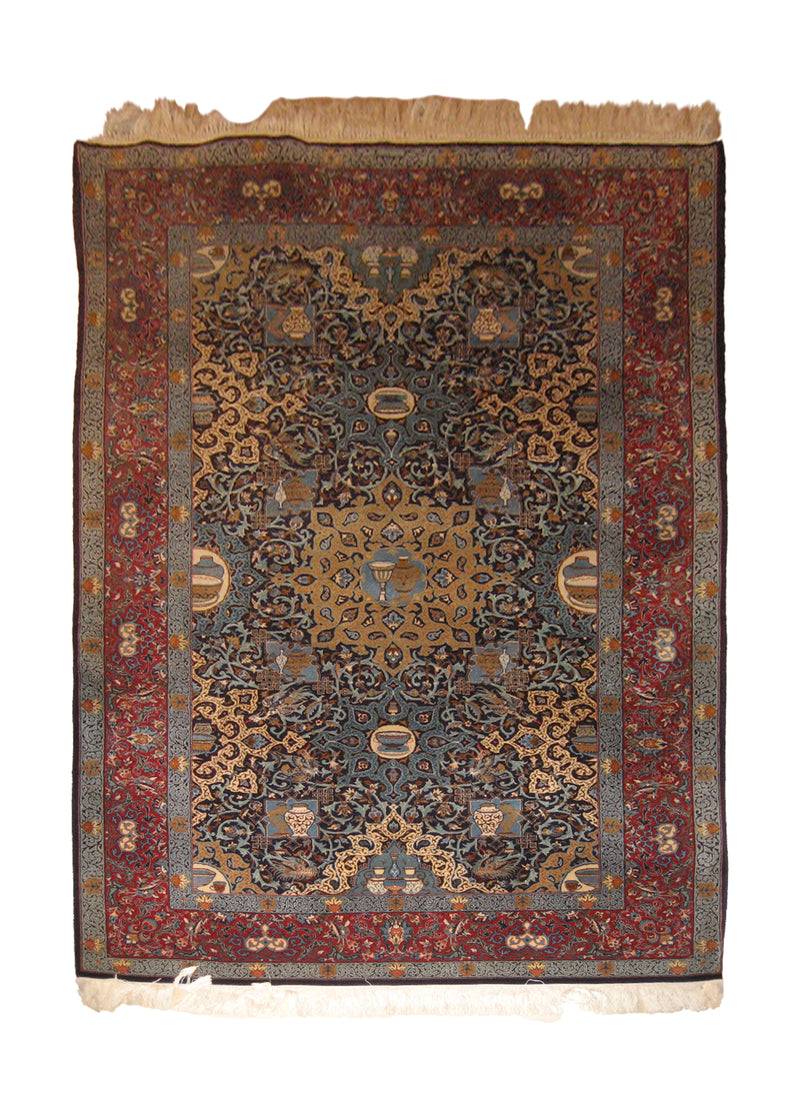 A22219 Persian Rug Kashan Handmade Area Traditional 4'9'' x 7'0'' -5x7- Blue Red Whites Beige Pictorial Adib Design