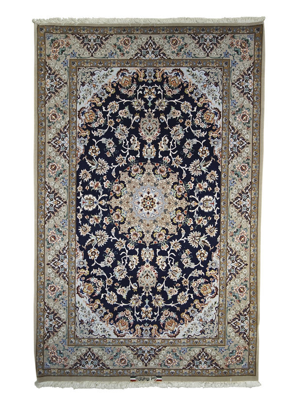 A22230 Persian Rug Isfahan Handmade Area Traditional 3'7'' x 5'7'' -4x6- Blue Whites Beige Floral Design