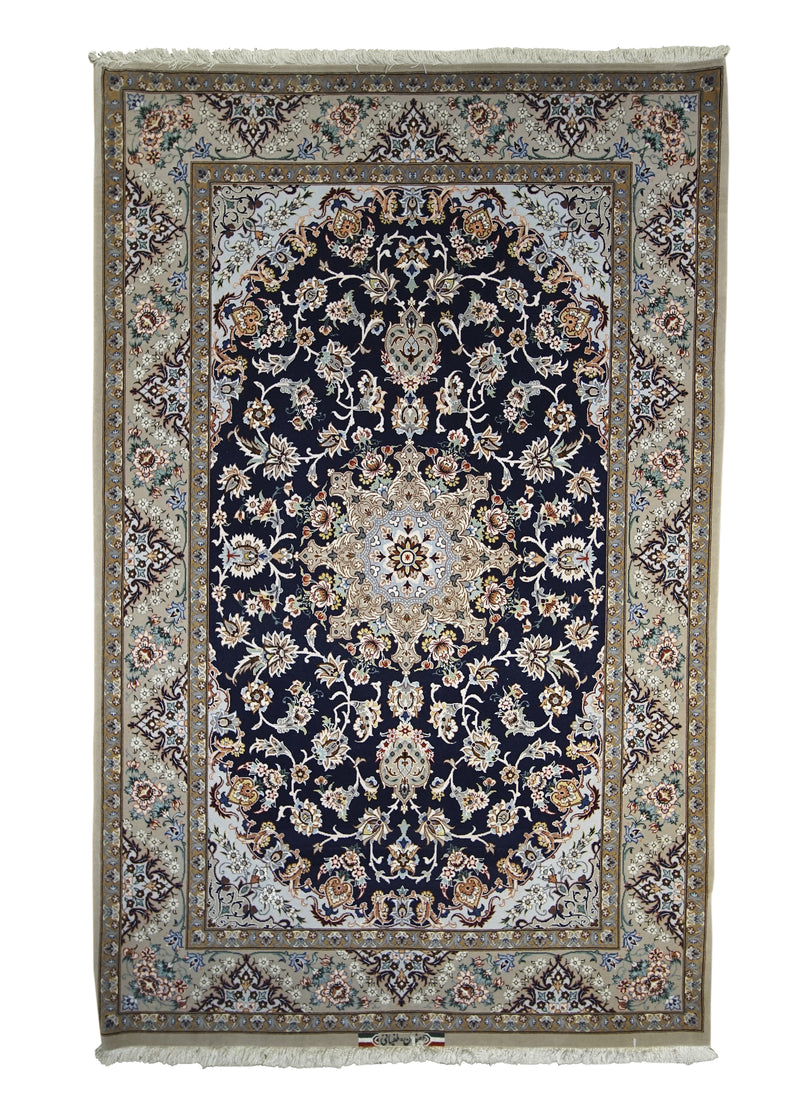 A22230 Persian Rug Isfahan Handmade Area Traditional 3'7'' x 5'7'' -4x6- Blue Whites Beige Floral Design