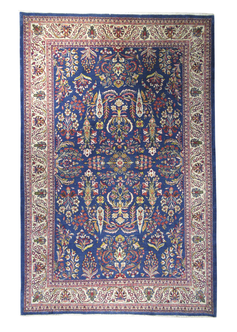 A22236 Persian Rug Sarouk Handmade Area Traditional Antique 6'9'' x 10'4'' -7x10- Blue Whites Beige Floral Design