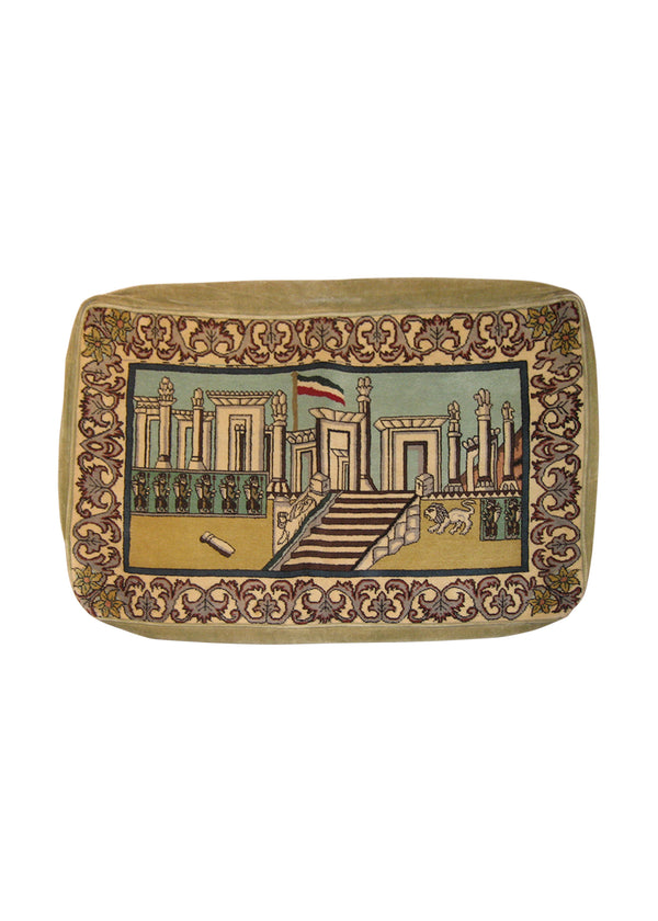 A22322 Persian Rug Tabriz Handmade Pillow Traditional 1'9'' x 2'9'' -2x3- Yellow Gold Whites Beige Pictorial Design