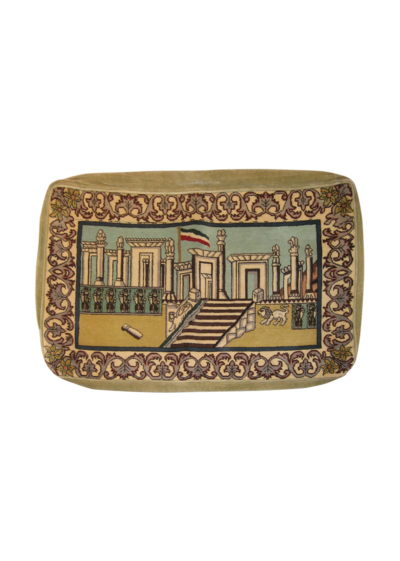 A22322 Persian Rug Tabriz Handmade Pillow Traditional 1'9'' x 2'9'' -2x3- Yellow Gold Whites Beige Pictorial Design