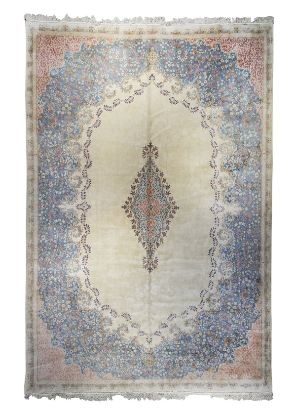 A22348 Persian Rug Kerman Handmade Area Traditional 9'8'' x 14'4'' -10x14- Whites Beige Blue Open Field Floral Design
