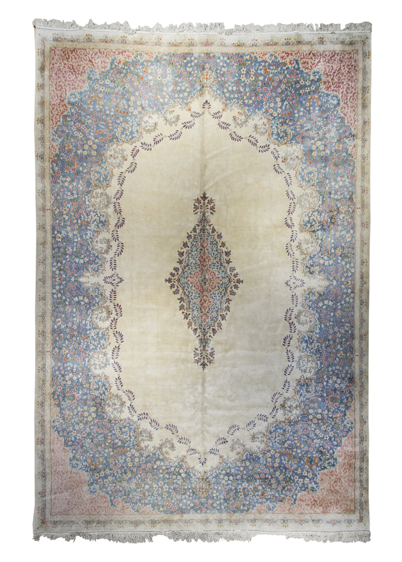 A22348 Persian Rug Kerman Handmade Area Traditional 9'8'' x 14'4'' -10x14- Whites Beige Blue Open Field Floral Design