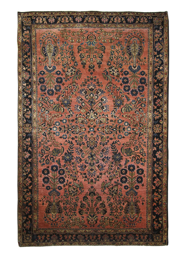 A22688 Persian Rug Sarouk Handmade Area Traditional Antique 4'1'' x 6'4'' -4x6- Orange Blue Floral Design