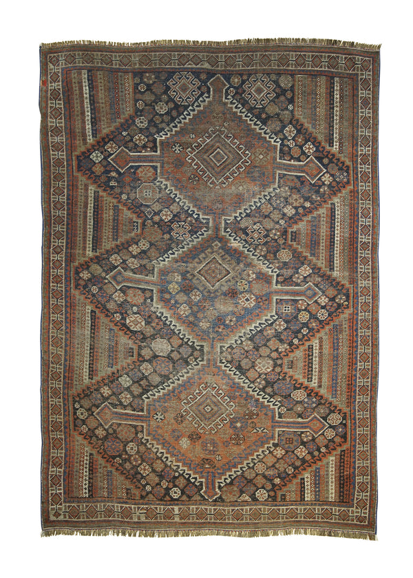 A22744 Persian Rug Ghashghaei Handmade Area Tribal Antique 4'4'' x 5'9'' -4x6- Blue Orange Geometric Design