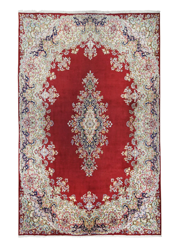A22766 Persian Rug Kerman Handmade Area Traditional 9'9'' x 15'1'' -10x15- Red Whites Beige Floral Open Field Design