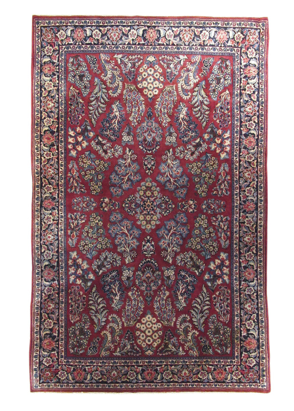 A22889 Persian Rug Sarouk Handmade Area Traditional Antique 4'3'' x 6'6'' -4x7- Red Blue Floral Design