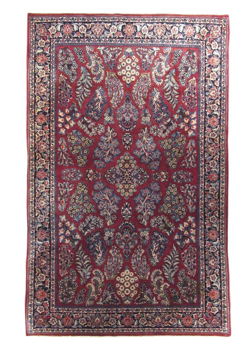 A22889 Persian Rug Sarouk Handmade Area Traditional Antique 4'3'' x 6'6'' -4x7- Red Blue Floral Design
