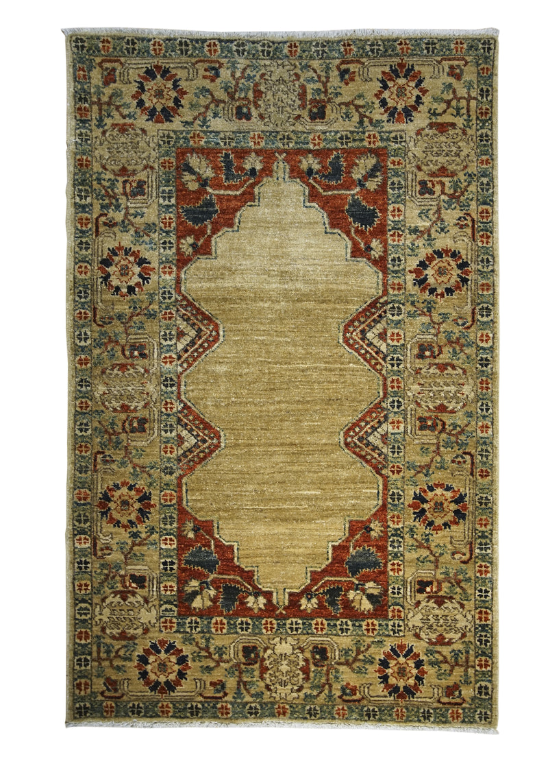A23088 Oriental Rug Pakistani Handmade Area Transitional 3'0'' x 4'9'' -3x5- Whites Beige Red Antique Washed Geometric Design