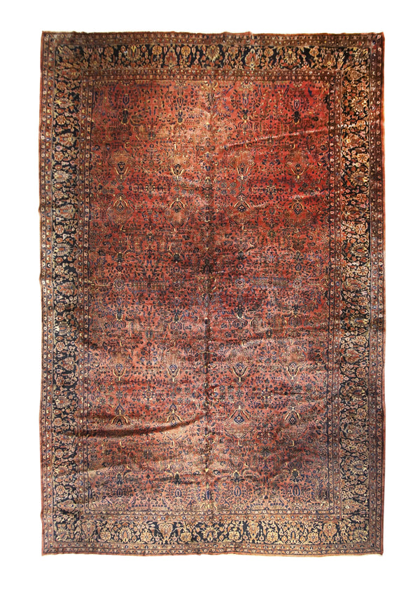 A23103 Persian Rug Sarouk Handmade Area Traditional Antique 12'1'' x 18'4'' -12x18- Red Blue Floral Design