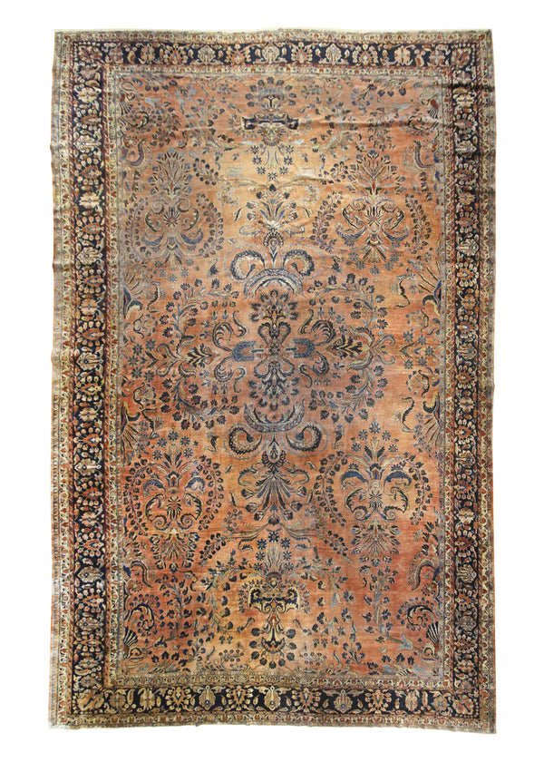A23105 Persian Rug Sarouk Handmade Area Traditional Antique 12'7'' x 19'5'' -13x19- Red Blue Floral Design