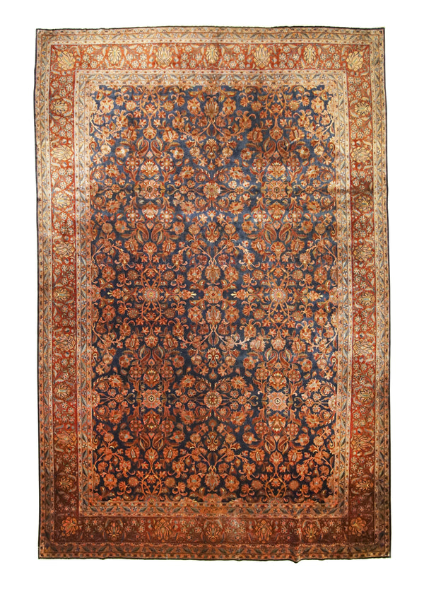 A23150 Persian Rug Kashan Handmade Area Traditional Antique 9'6'' x 13'8'' -10x14- Blue Red Floral Design