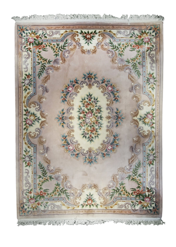 A23203 Oriental Rug Chinese Handmade Area Traditional 8'10'' x 11'10'' -9x12- Pink Whites Beige Aubusson Floral Design