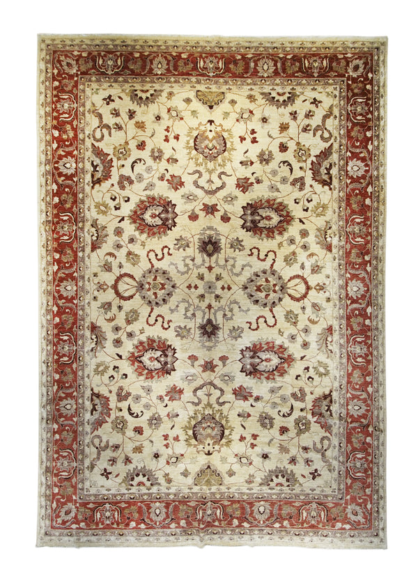 A23220 Oriental Rug Afghan Handmade Area Transitional 12'1'' x 17'9'' -12x18- Whites Beige Red Antique Washed Oushak Floral Design