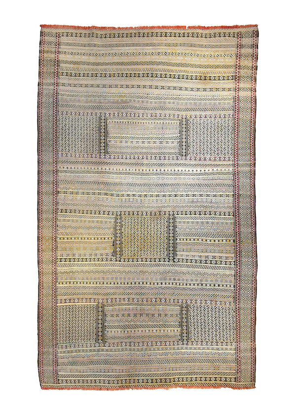 A23258 Oriental Rug Moroccan Handmade Area Tribal 5'9'' x 9'4'' -6x9- Yellow Gold Black Kilim Stripes Design