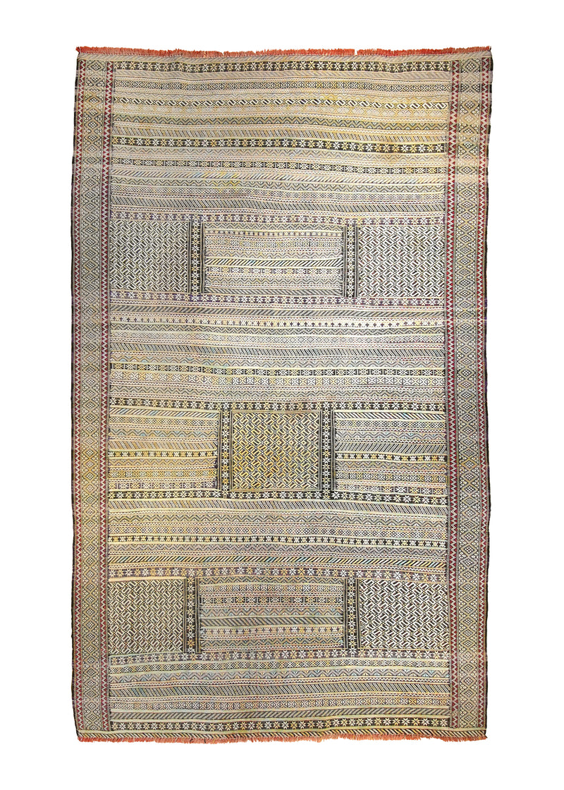 A23258 Oriental Rug Moroccan Handmade Area Tribal 5'9'' x 9'4'' -6x9- Yellow Gold Black Kilim Stripes Design