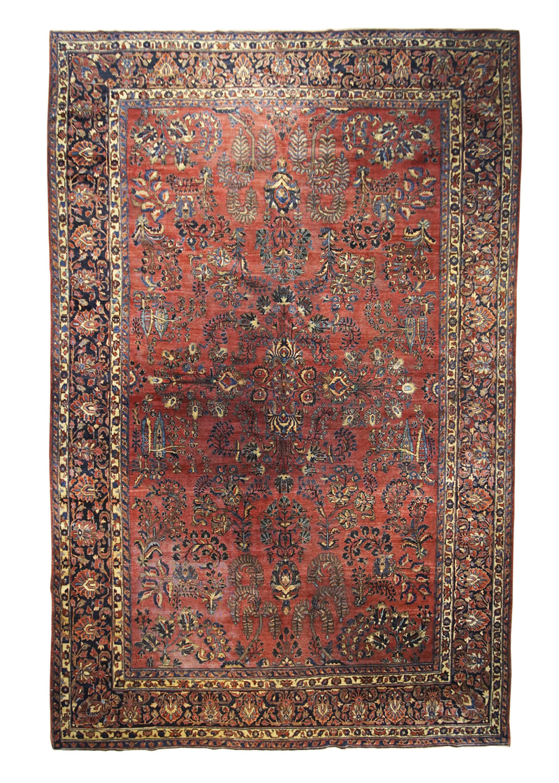 A23365 Persian Rug Sarouk Handmade Area Traditional Antique 9'12'' x 15'5'' -10x15- Red Blue Floral Design