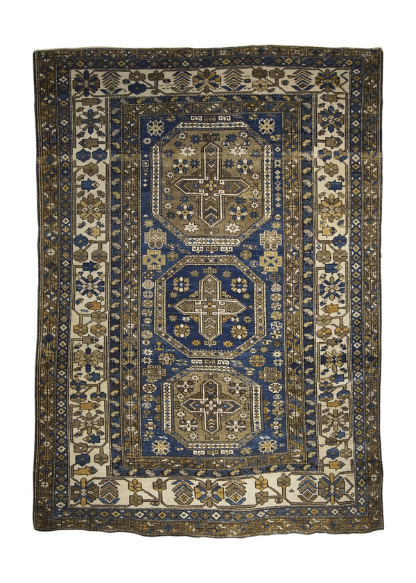 A23444 Caucasian Rug Shirvan Handmade Area Tribal Antique 4'6'' x 6'0'' -5x6- Blue Whites Beige Brown Geometric Design