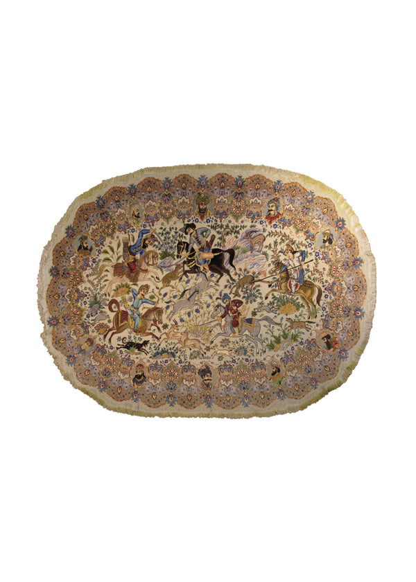 A23520 Persian Rug Tabriz Handmade Round Traditional 6'3'' x 8'5'' -6x8- Whites Beige Pink Blue Oval Hunting Scene Pictorial Design