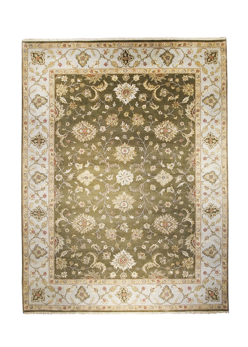 A23525 Oriental Rug Indian Handmade Area Transitional 8'12'' x 11'9'' -9x12- Green Yellow Gold Whites Beige Tea Washed Design
