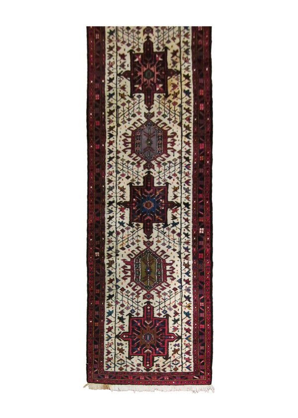 A23540 Persian Rug Gharajeh Handmade Runner Tribal 2'6'' x 12'5'' -3x12- Whites Beige Red Geometric Design