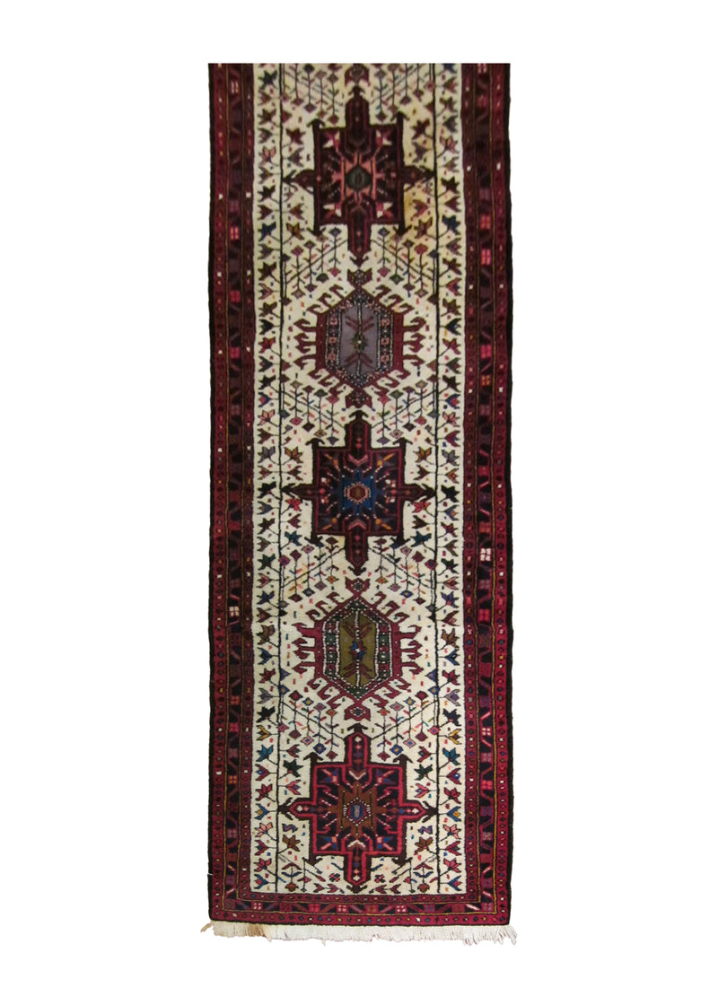 A23540 Persian Rug Gharajeh Handmade Runner Tribal 2'6'' x 12'5'' -3x12- Whites Beige Red Geometric Design