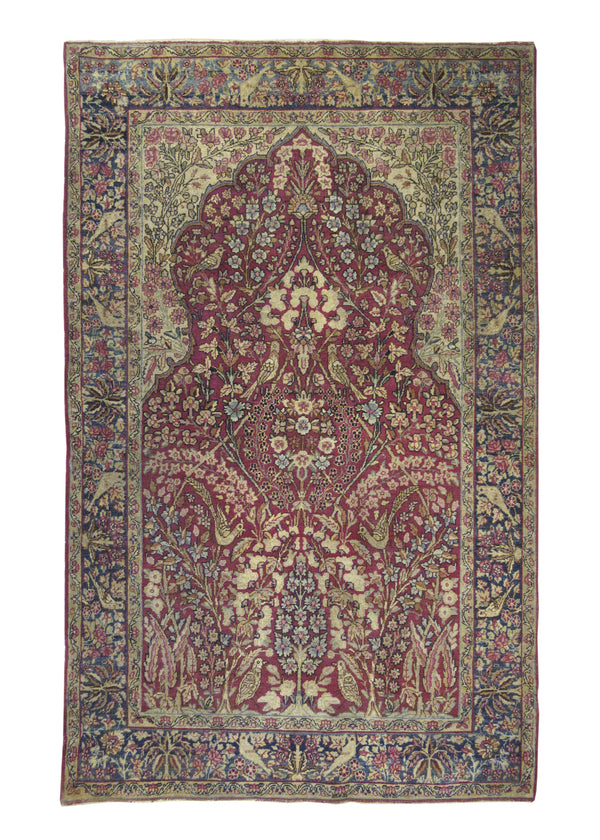 A23594 Persian Rug Kerman Handmade Area Traditional Antique 4'1'' x 6'5'' -4x6- Red Blue Whites Beige Floral Design