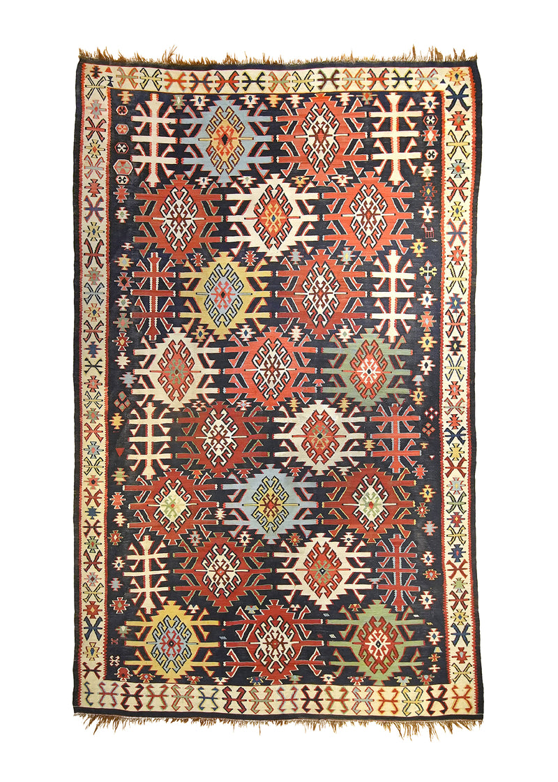 A23645 Caucasian Rug Handmade Area Antique Tribal 6'2'' x 9'9'' -6x10- Red Blue Kilim Geometric Design