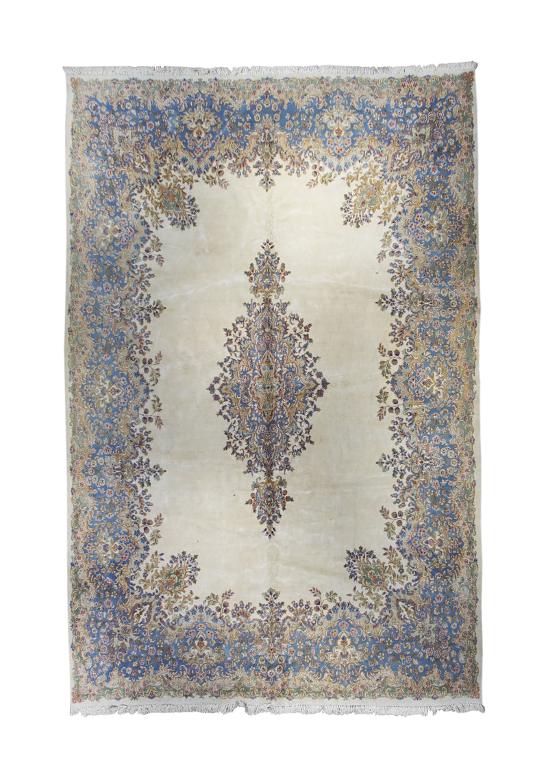 A23655 Persian Rug Kerman Handmade Area Traditional 10'1'' x 15'5'' -10x15- Whites Beige Blue Floral Open Field Design