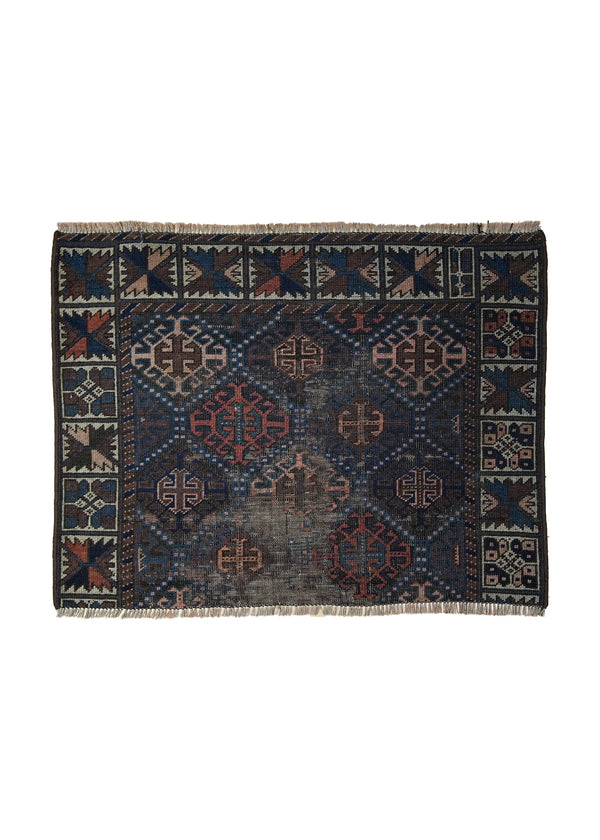 A23660 Oriental Rug Afghan Handmade Area Tribal Antique 3'2'' x 4'6'' -3x5- Red Blue Floral Partition Design