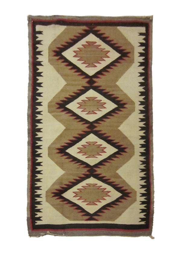 A23722 Native American Rug Navajo Handmade Area Tribal Antique 3'0'' x 4'10'' -3x5- Red Whites Beige Brown Geometric Design